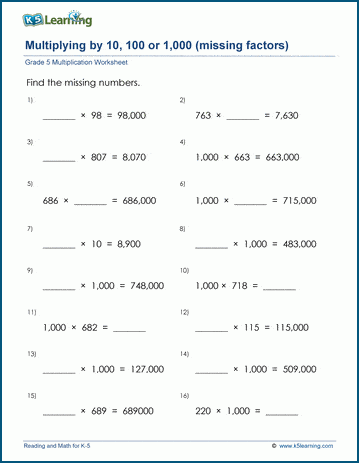 Grade 5 Multiplication Worksheet multiplying by 10, 100 or 1,000 with missing factor
