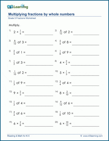 Grade 5 Fractions Worksheet multiply fractions by whole numbers
