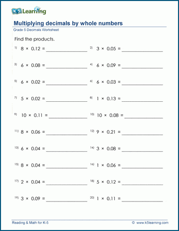 Grade 5 Decimals Worksheet multiplying 2 decimal digits by whole numbers
