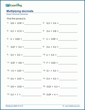 Grade 5 Decimals Worksheet multiplying decimals (1 or 2 digits)