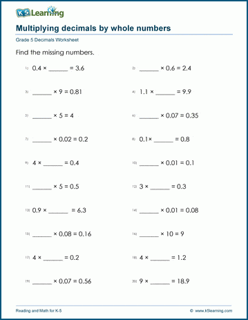 Grade 5 Decimals Worksheet multiplying whole numbers and 1-digit decimal numbers with missing numbers