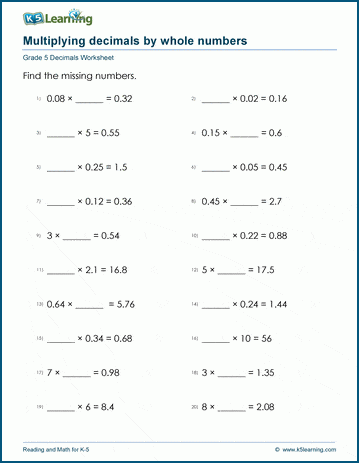 Grade 5 Decimals Worksheet multiplying whole numbers and 2-digit decimal numbers with missing numbers