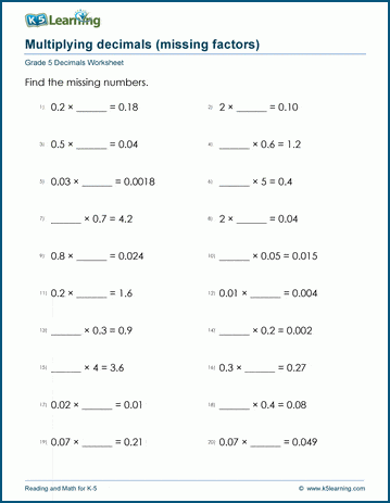 Grade 5 Decimals Worksheet multiplying decimals with missing numbers