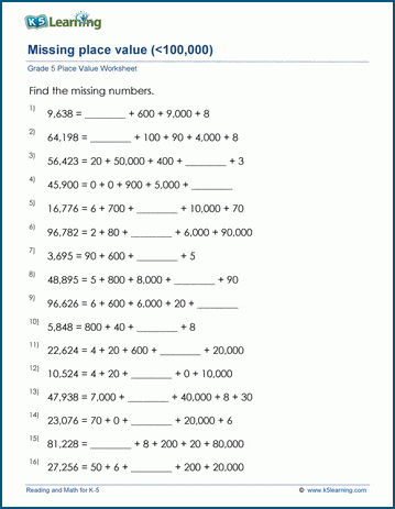Grade 5 Place value Worksheet missing place value from 5-digit numbers