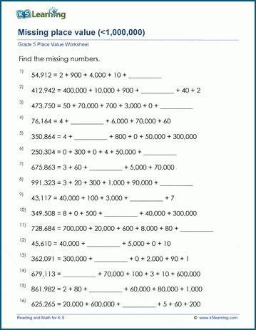 Grade 5 Place value Worksheet missing place value from 6-digit numbers