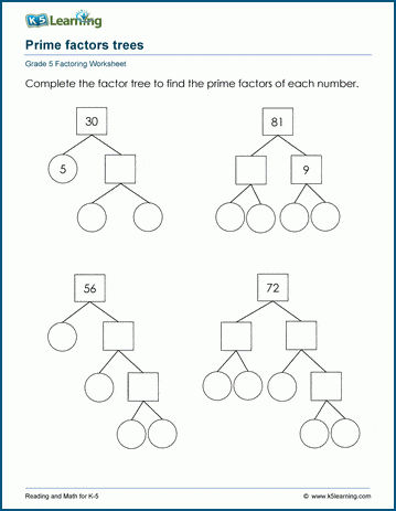 Grade 5 Factoring Worksheet prime factor trees