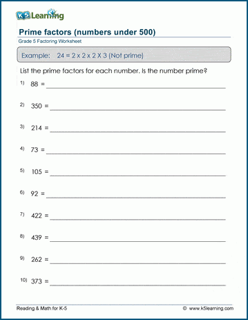 Grade 5 Factoring Worksheet prime factors (numbers under 500)