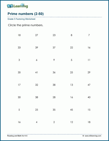Prime numbers worksheets