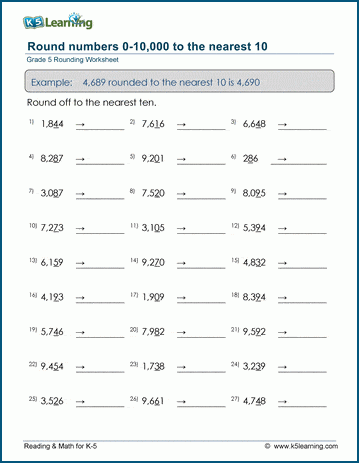 Grade 5 Place value Worksheet round 4-digit numbers to the nearest 10