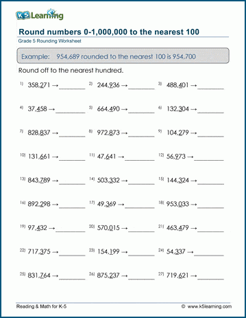 Grade 5 Place value Worksheet round 6-digit numbers to the nearest 100