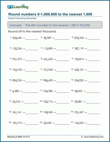 Grade 5 Place value Worksheet round 6-digit numbers to the nearest 1,000