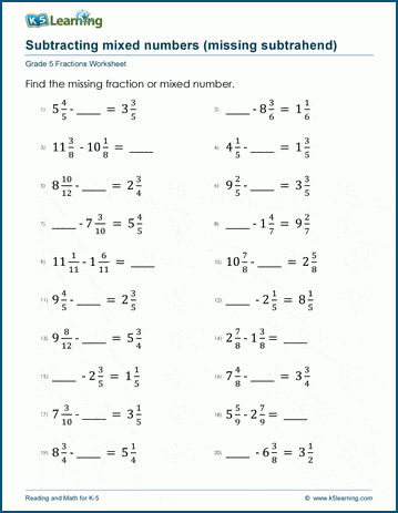 Grade 5 Fractions Worksheet subtracting mixed numbers with missing number