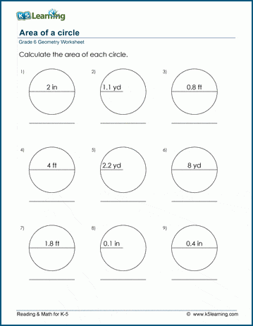 Grade 6 Geometry Worksheet area of circles