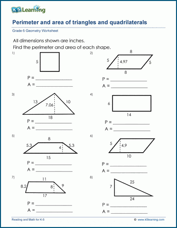 Grade 6 Geometry Worksheet area of triangles & quadrilaterals