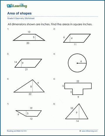 Grade 6 Geometry Worksheet area of triangles, parallelograms, trapezoids