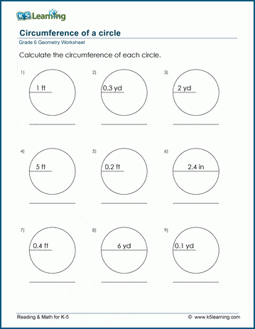 Grade 6 Geometry Worksheet circumference of circles