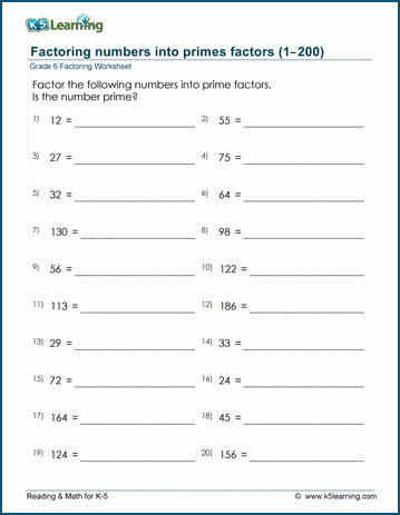 Sample Grade 6 Factoring Worksheet