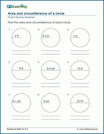 Grade 6 Geometry Worksheet area and circumference of circles