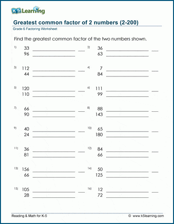 Grade 6 Factoring Worksheet greatest common factor of 2 numbers
