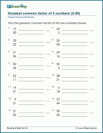 Grade 6 Factoring Worksheet greatest common factor of 2 numbers
