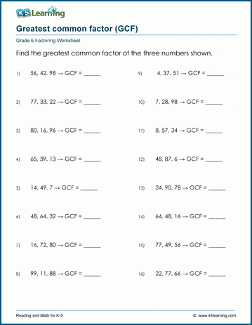 Grade 6 Factoring Worksheet greatest common factor of 3 numbers