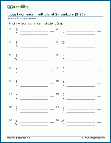 Grade 6 Factoring Worksheet least common multiple of 2 numbers