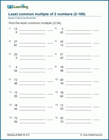 Grade 6 Factoring Worksheet least common multiple of 2 numbers