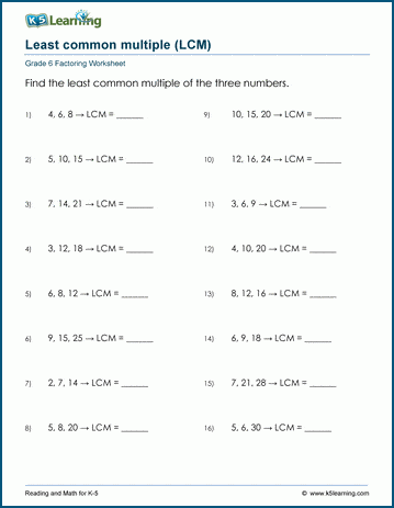 Grade 6 Factoring Worksheet least common multiple of 3 numbers