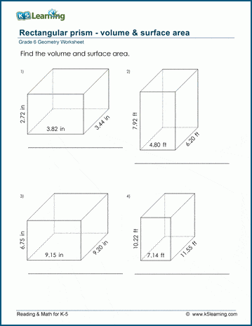 Grade 6 Geometry Worksheet rectangular prism - volume and surface area (with decimals)