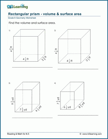 Grade 6 Geometry Worksheet rectangular prism - volume and surface area (with fractions)