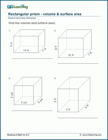 Grade 6 Geometry Worksheet rectangular prism - volume and surface area