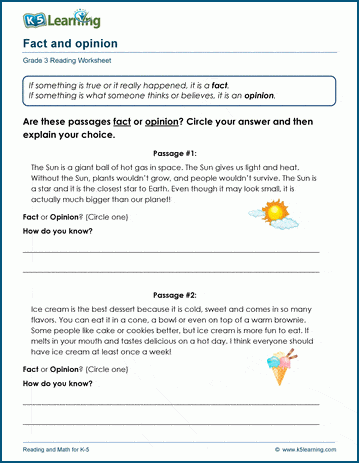 Fact vs opinion - Grade 3 Reading Comprehension Worksheets