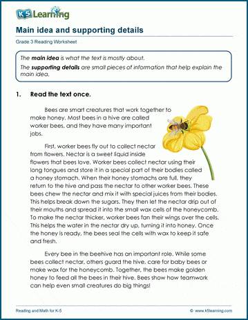 Main Idea and Supporting Details - Grade 3 Reading Comprehension Worksheets