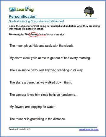 Grade 4 Reading Comprehension Worksheets - personification