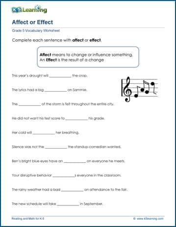 Grade 5 Vocabulary Worksheet affect or effect in sentences