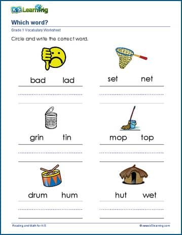 Grade 1 vocabulary worksheet match pictures to words and write the words