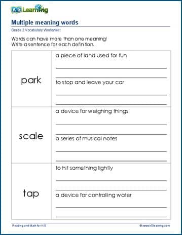 Grade 2 vocabulary worksheet multiple meaning words