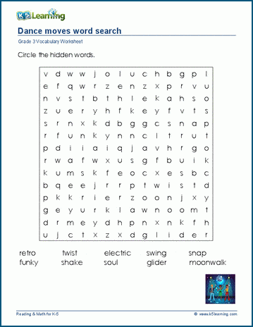 Grade 3 word search: Dance moves word search