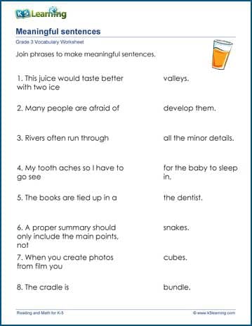 Grade 3 vocabulary worksheet match meanings