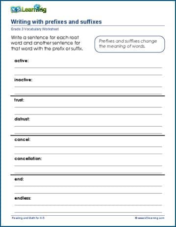 Grade 3 vocabulary worksheet define the prefix and suffix
