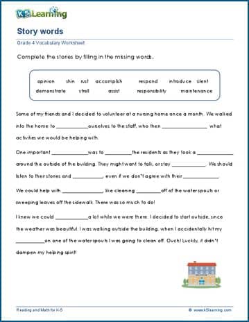 Grade 4 vocabulary worksheet insert words in paragraphs