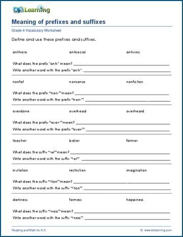 Grade 4 Vocabulary Worksheet define prefix and suffix words