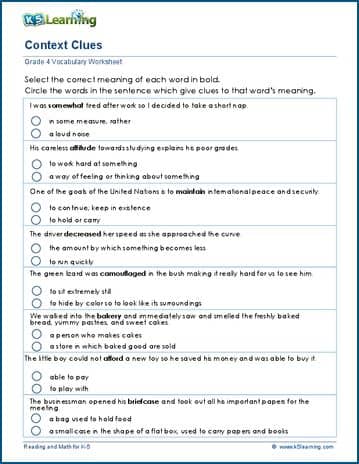 Grade 4 vocabulary worksheet context clues
